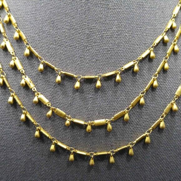 Boho Layered Necklace, Three Strands, Tear Drop Dangles, Gold Tone, 18 Inches - Picture 5 of 8